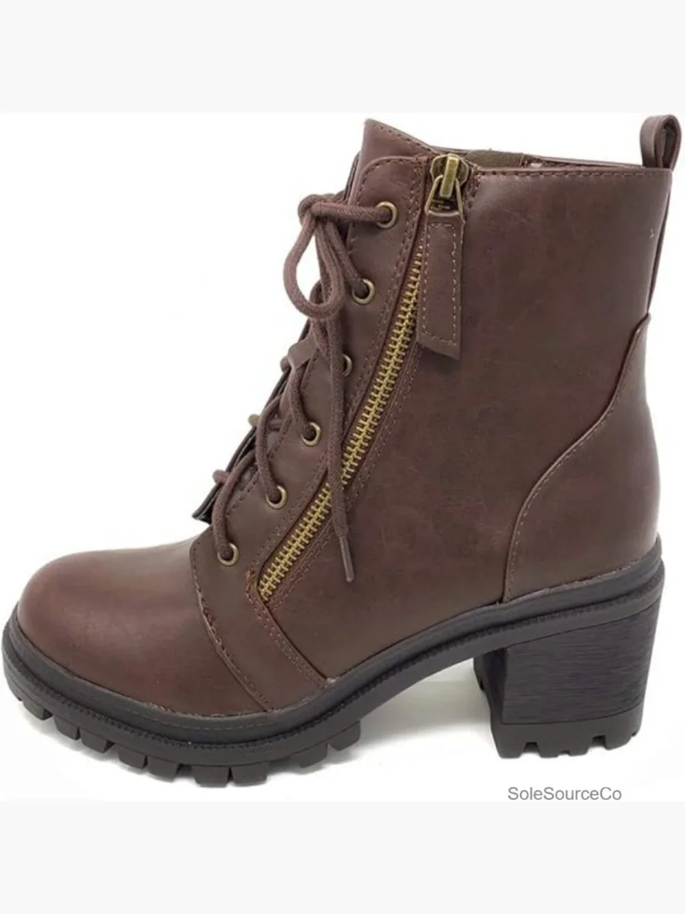 Faux Leather Lace Up Chunky Heel Ankle Booties Block Heel Zipper Boots